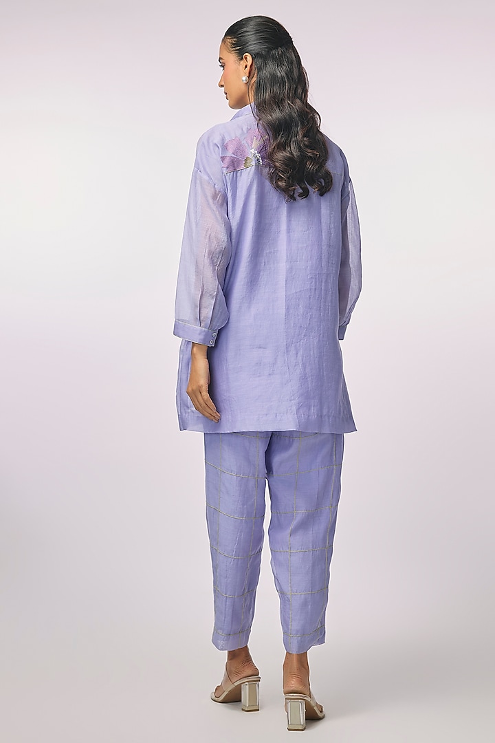 Purple Fine Chanderi Hand Embroidered Shirt Tunic Set by Half Full Curve at Pernia's Pop Up Shop