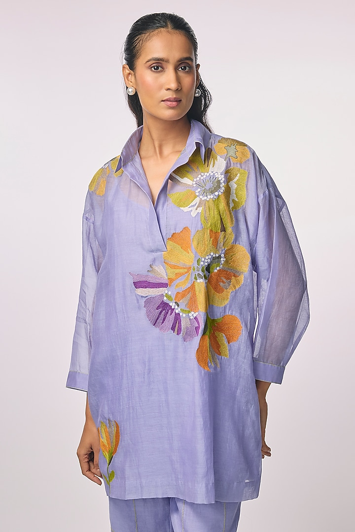 Purple Fine Chanderi Hand Embroidered Shirt Tunic Set by Half Full Curve at Pernia's Pop Up Shop