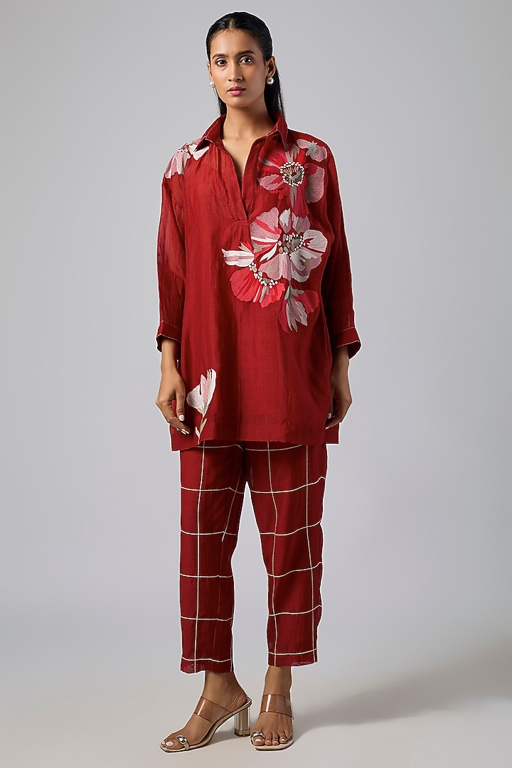 Red Fine Chanderi Co-Ord Set by Half Full Curve at Pernia's Pop Up Shop