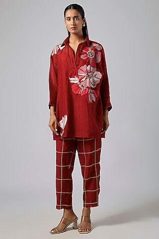 Red Fine Chanderi Co-Ord Set by Half Full Curve