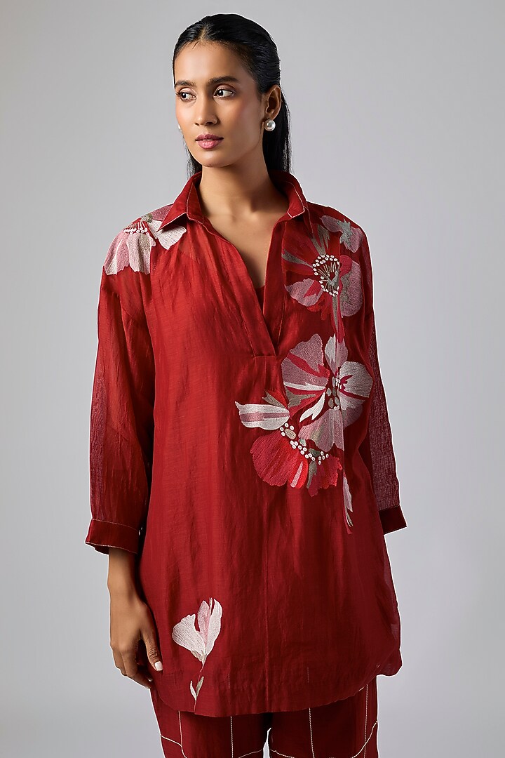 Red Fine Chanderi Co-Ord Set by Half Full Curve at Pernia's Pop Up Shop