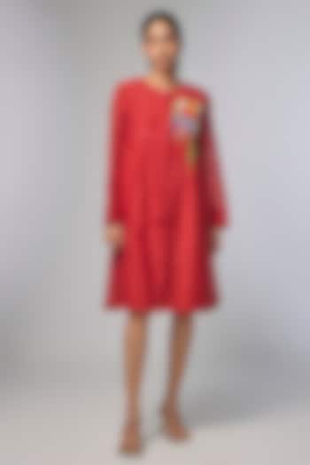 Red Fine Chanderi Hand Embroidered Gathered Vacation Dress by Half Full Curve at Pernia's Pop Up Shop