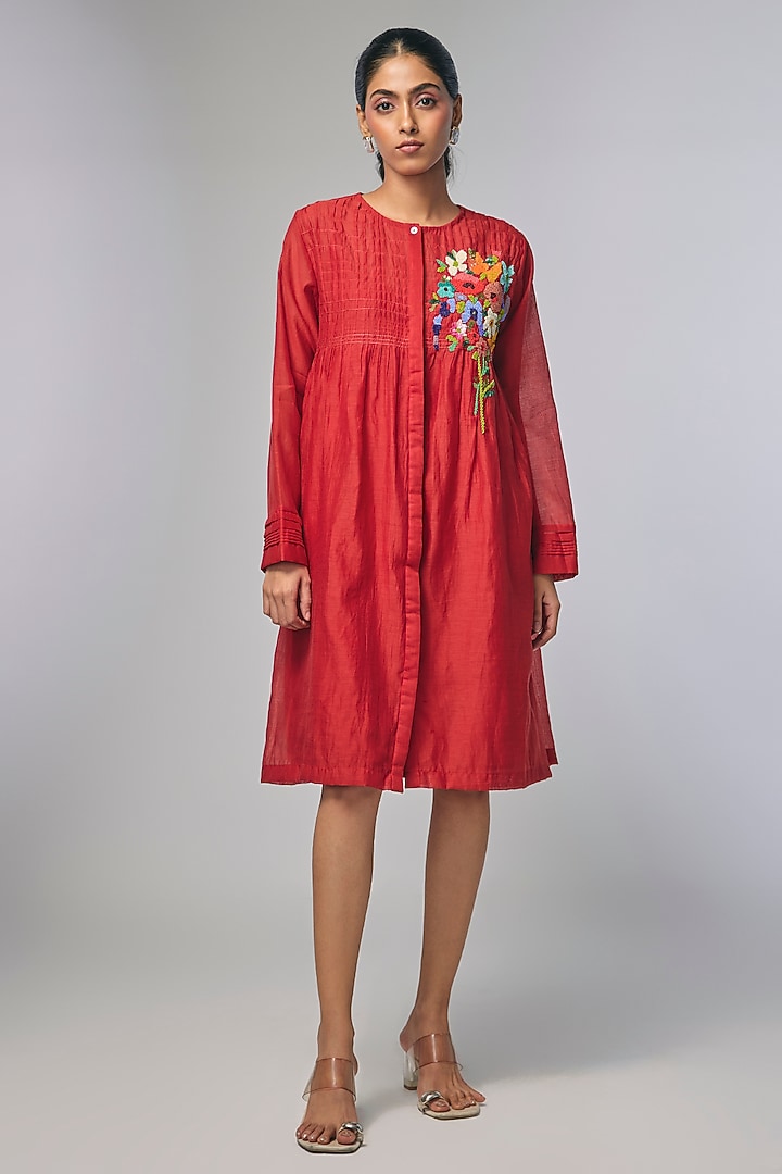 Red Fine Chanderi Hand Embroidered Gathered Vacation Dress by Half Full Curve at Pernia's Pop Up Shop