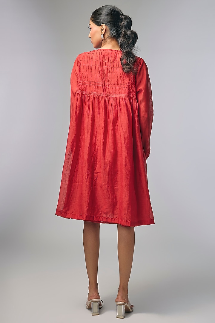 Red Fine Chanderi Hand Embroidered Gathered Vacation Dress by Half Full Curve at Pernia's Pop Up Shop