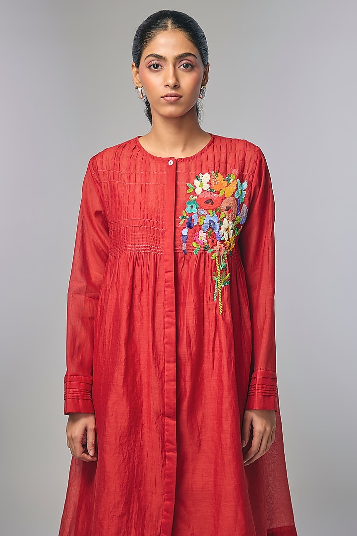 Red Fine Chanderi Hand Embroidered Gathered Vacation Dress by Half Full Curve at Pernia's Pop Up Shop