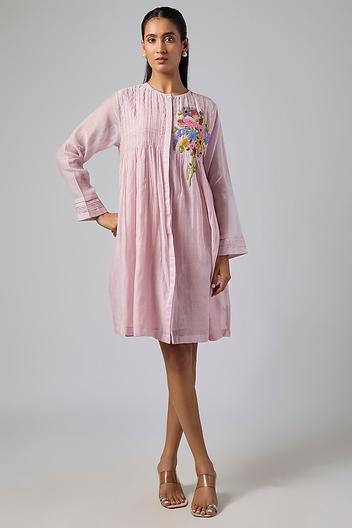 Baby Pink Fine Chanderi Gathered Vacation Dress by Half Full Curve at Pernia's Pop Up Shop