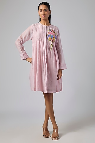 Baby Pink Fine Chanderi Gathered Dress by Half Full Curve