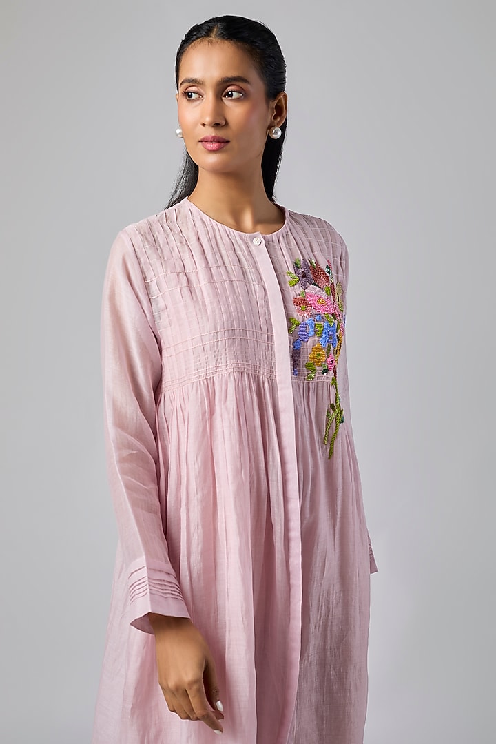 Baby Pink Fine Chanderi Gathered Vacation Dress by Half Full Curve at Pernia's Pop Up Shop