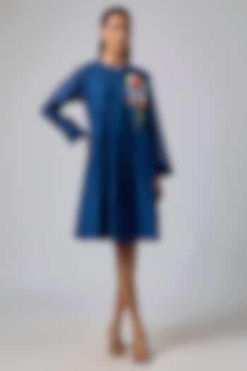Blue Fine Chanderi Gathered Vacation Dress by Half Full Curve at Pernia's Pop Up Shop
