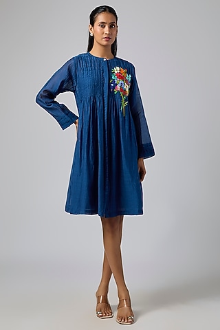 Blue Fine Chanderi Gathered Dress by Half Full Curve