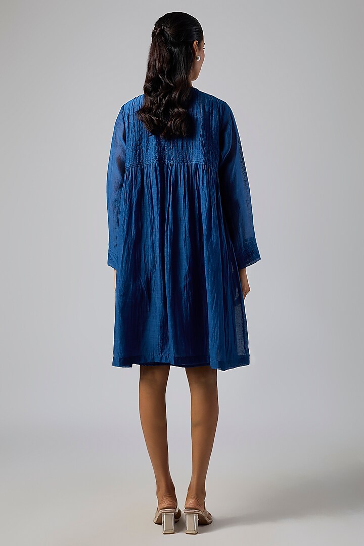 Blue Fine Chanderi Gathered Vacation Dress by Half Full Curve at Pernia's Pop Up Shop