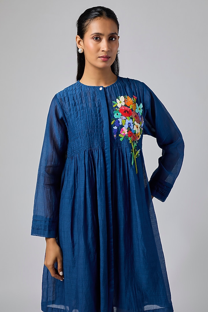 Blue Fine Chanderi Gathered Vacation Dress by Half Full Curve at Pernia's Pop Up Shop