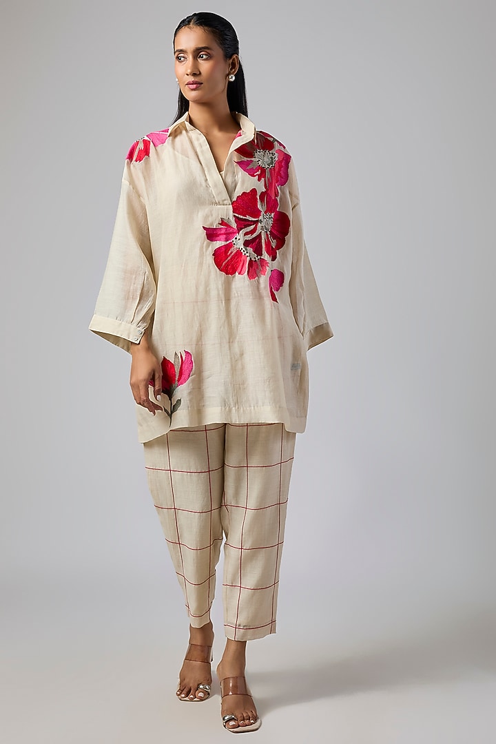 Ecru Fine Chanderi Co-Ord Set by Half Full Curve at Pernia's Pop Up Shop