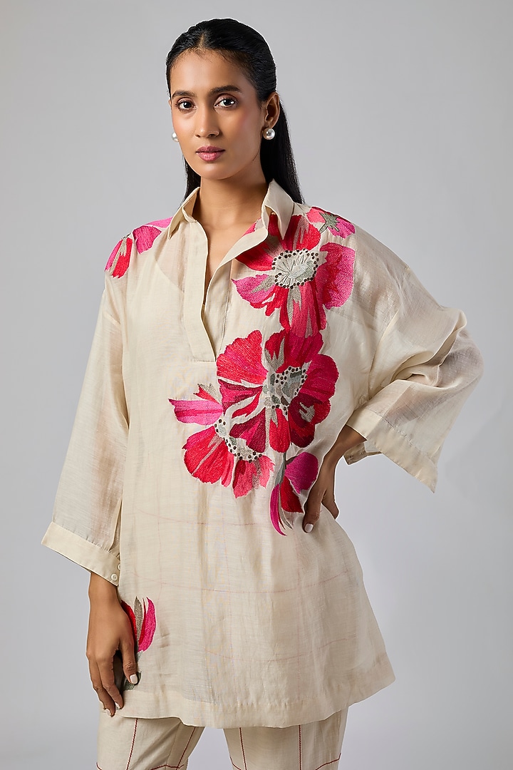 Ecru Fine Chanderi Co-Ord Set by Half Full Curve at Pernia's Pop Up Shop