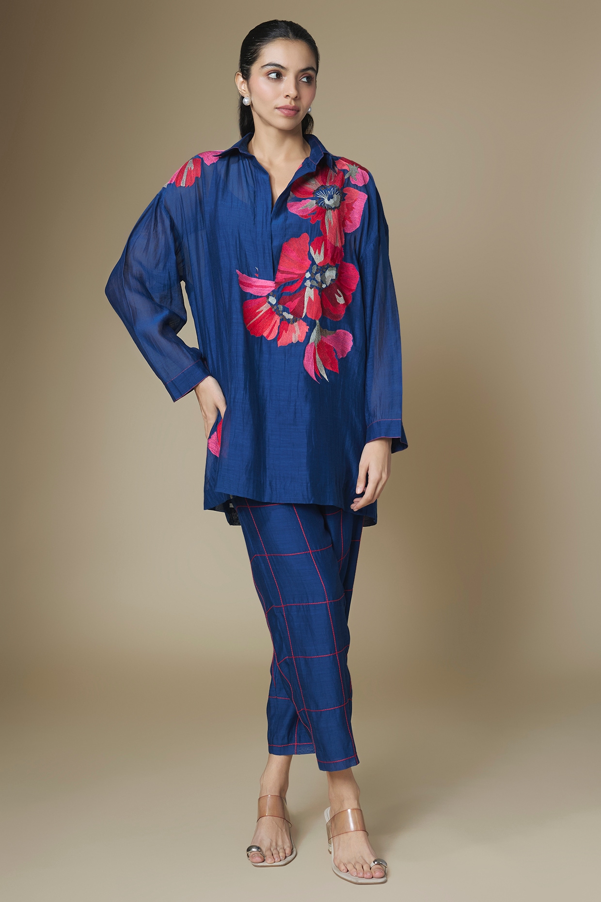 Half Full Curve Blue Fine Chanderi Co-Ord Set