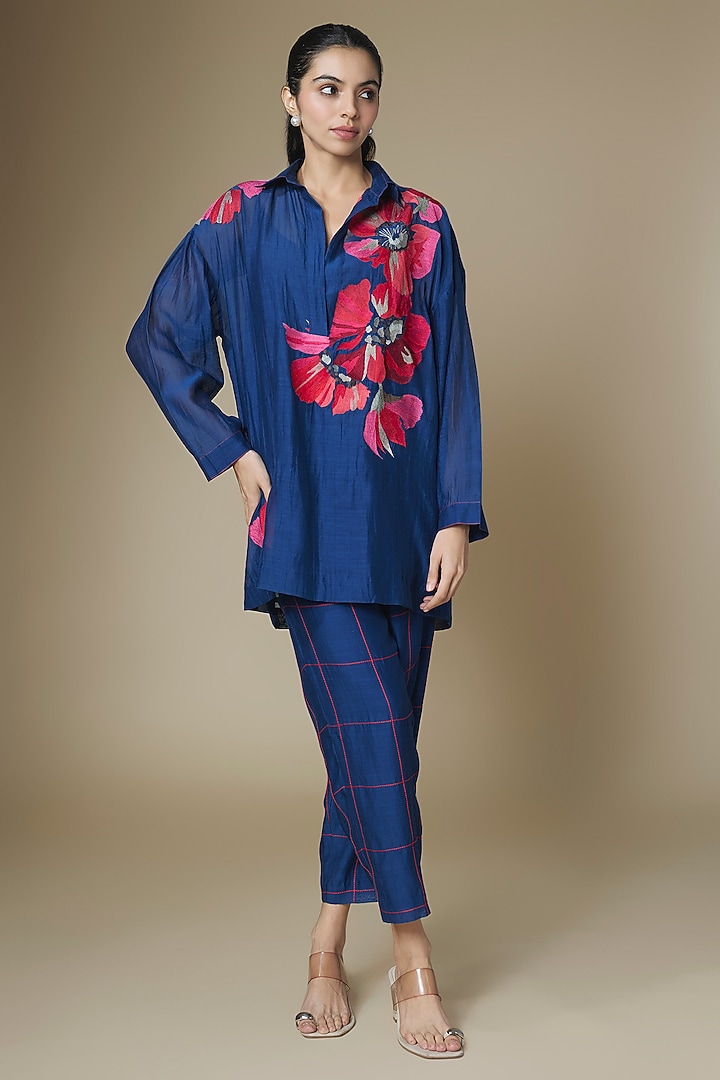 Blue Fine Chanderi Co-Ord Set by Half Full Curve at Pernia's Pop Up Shop