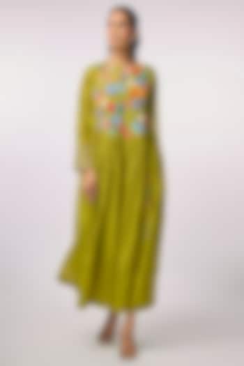 Green Fine Chanderi Hand Embroidered Anarkali Cocktail Dress by Half Full Curve at Pernia's Pop Up Shop