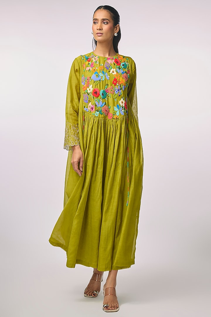 Green Fine Chanderi Hand Embroidered Anarkali Cocktail Dress by Half Full Curve at Pernia's Pop Up Shop