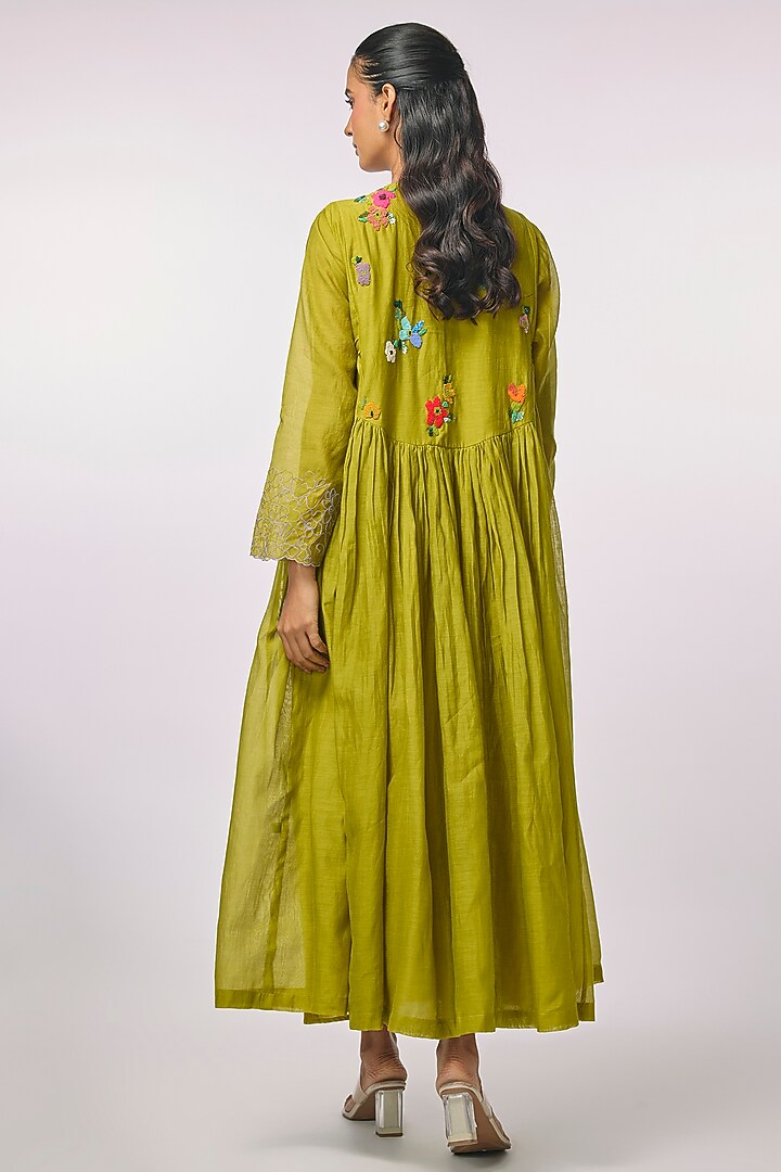Green Fine Chanderi Hand Embroidered Anarkali Cocktail Dress by Half Full Curve at Pernia's Pop Up Shop