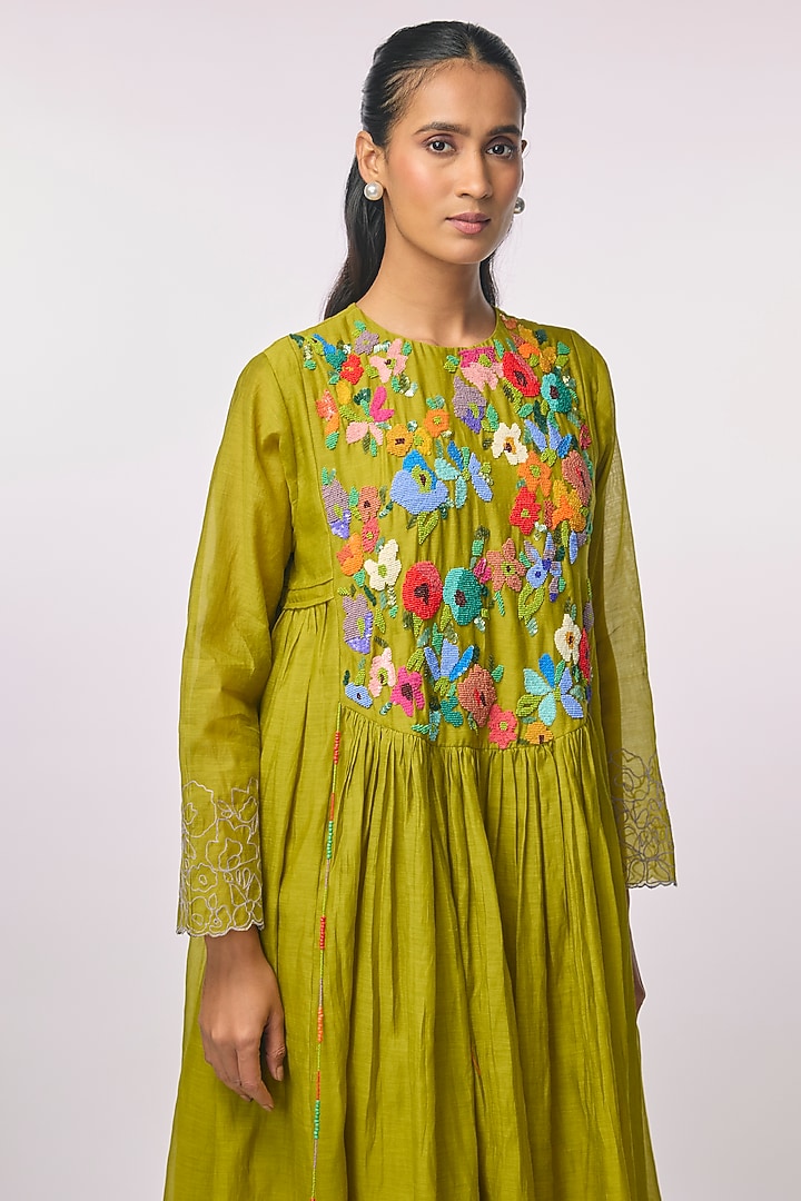 Green Fine Chanderi Hand Embroidered Anarkali Cocktail Dress by Half Full Curve at Pernia's Pop Up Shop