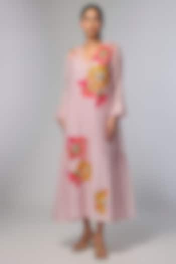 Pink Fine Chanderi Applique Hand Embroidered Vacation Dress by Half Full Curve at Pernia's Pop Up Shop