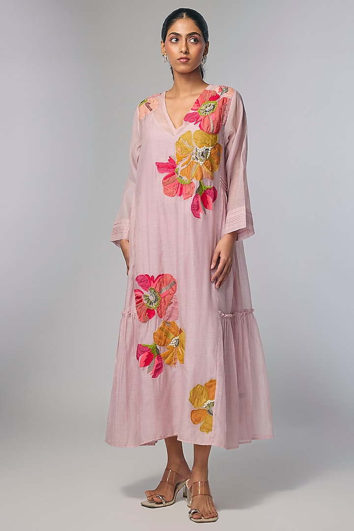 Pink Fine Chanderi Applique Hand Embroidered Vacation Dress by Half Full Curve at Pernia's Pop Up Shop