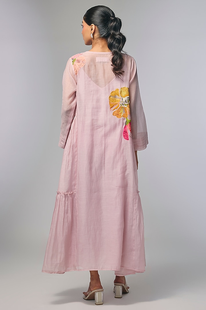 Pink Fine Chanderi Applique Hand Embroidered Vacation Dress by Half Full Curve at Pernia's Pop Up Shop