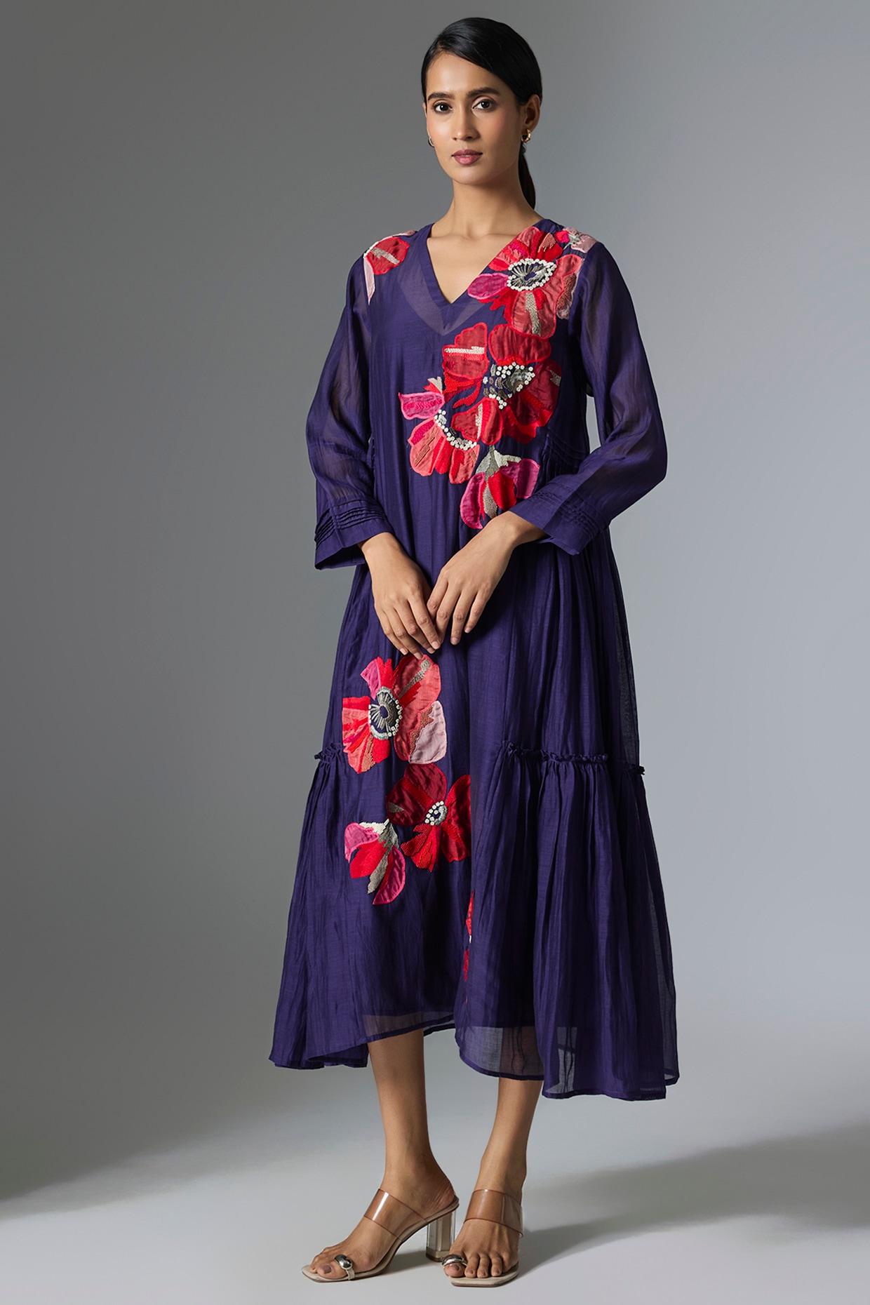 Half Full Curve Blue Fine Chanderi Gathered Dress
