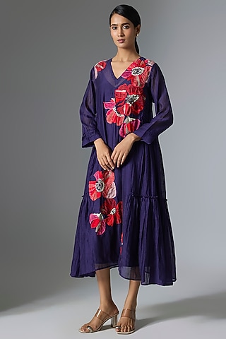 Blue Fine Chanderi Gathered Dress by Half Full Curve