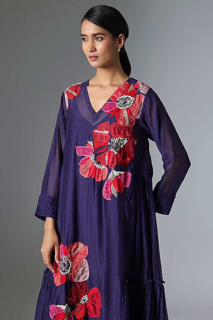 Blue Fine Chanderi Gathered Vacation Dress by Half Full Curve at Pernia's Pop Up Shop