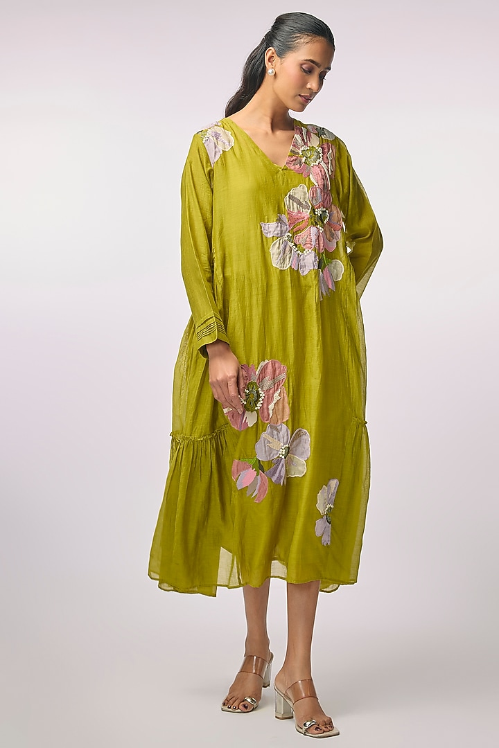 Green Fine Chanderi Applique Hand Embroidered Vacation Dress by Half Full Curve at Pernia's Pop Up Shop