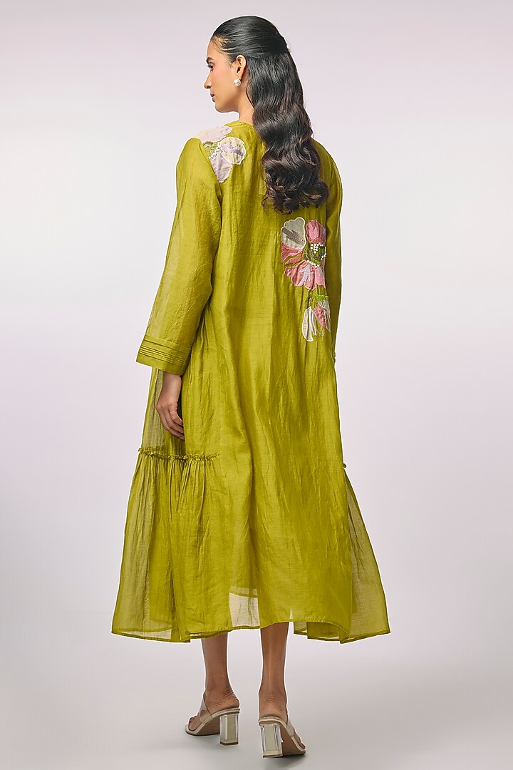Green Fine Chanderi Applique Hand Embroidered Vacation Dress by Half Full Curve at Pernia's Pop Up Shop