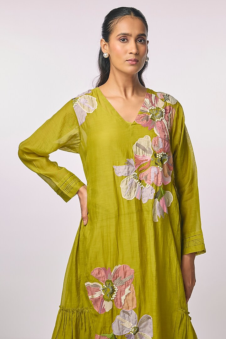 Green Fine Chanderi Applique Hand Embroidered Vacation Dress by Half Full Curve at Pernia's Pop Up Shop