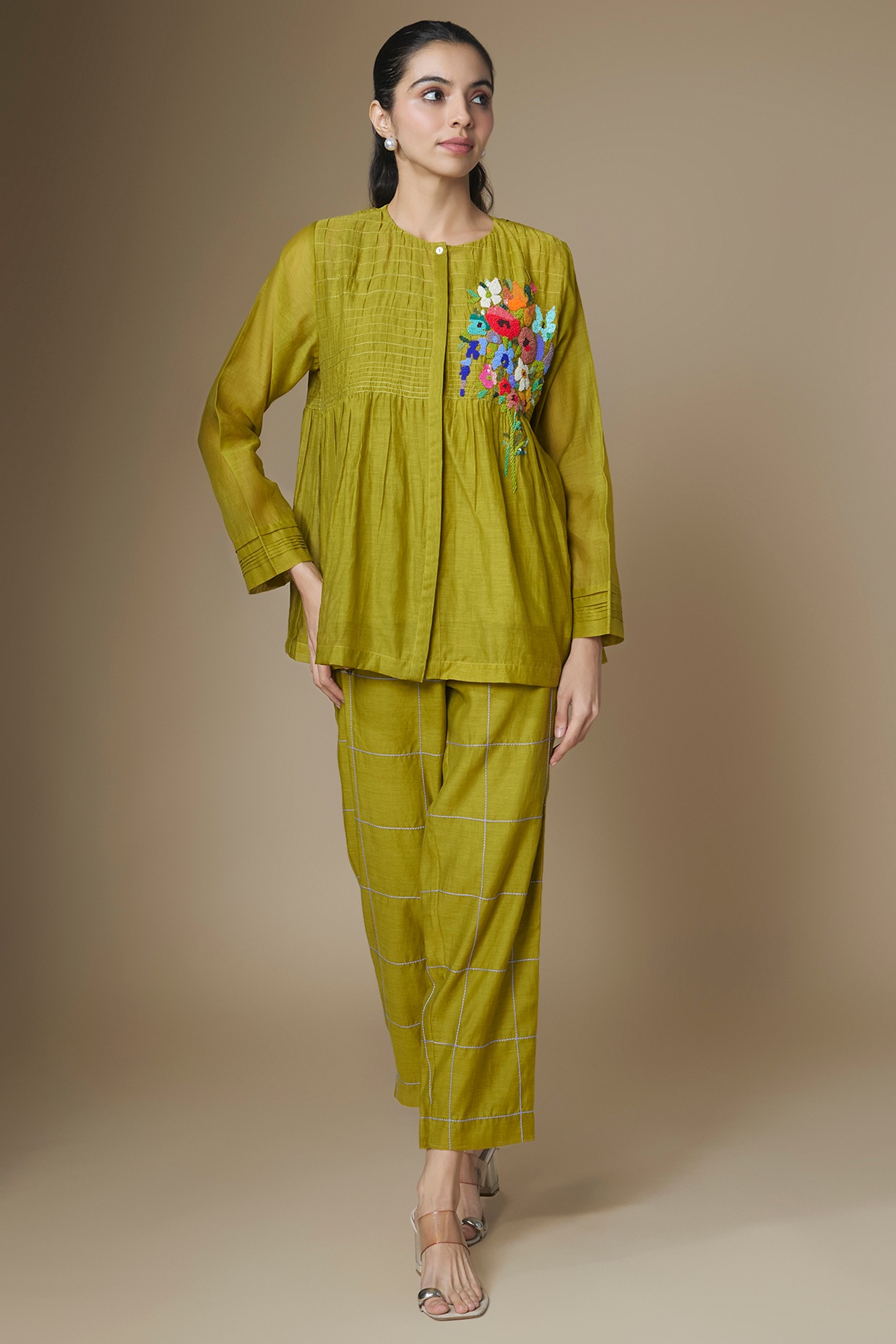 Half Full Curve Green Fine Chanderi Co-Ord Set