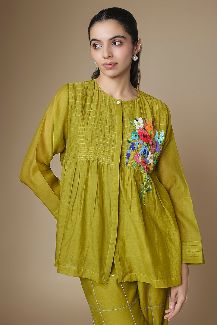 Green Fine Chanderi Co-Ord Set by Half Full Curve at Pernia's Pop Up Shop