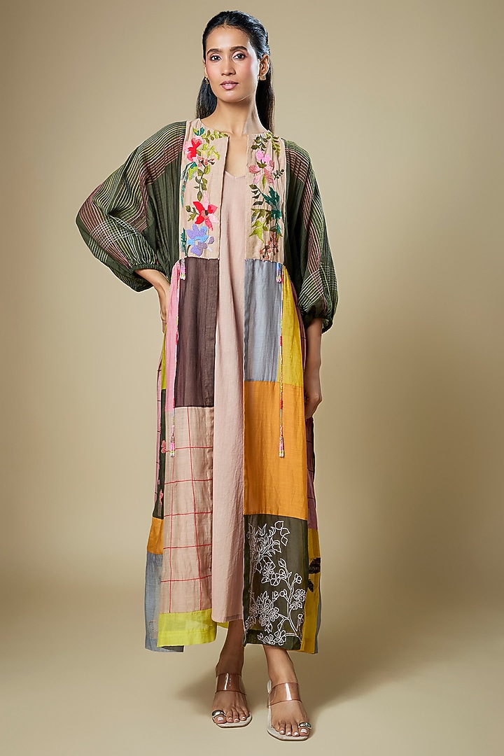 Multi-Colored Fine Chanderi Upcycle Jacket by Half Full Curve at Pernia's Pop Up Shop