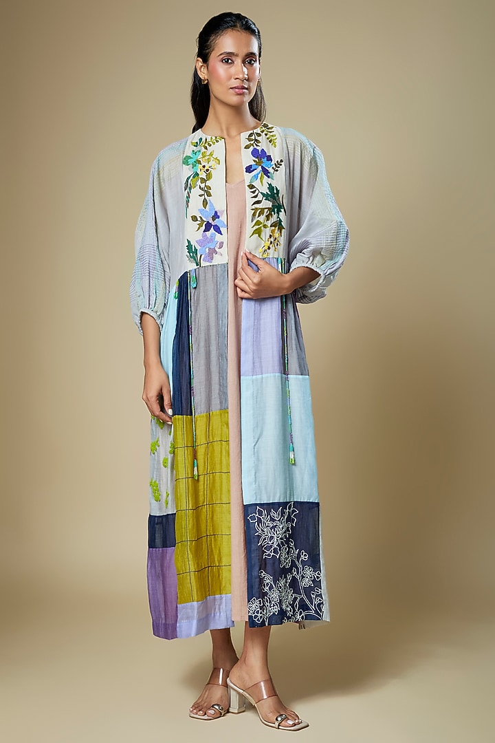 Multi-Colored Fine Chanderi Upcycle Jacket by Half Full Curve at Pernia's Pop Up Shop