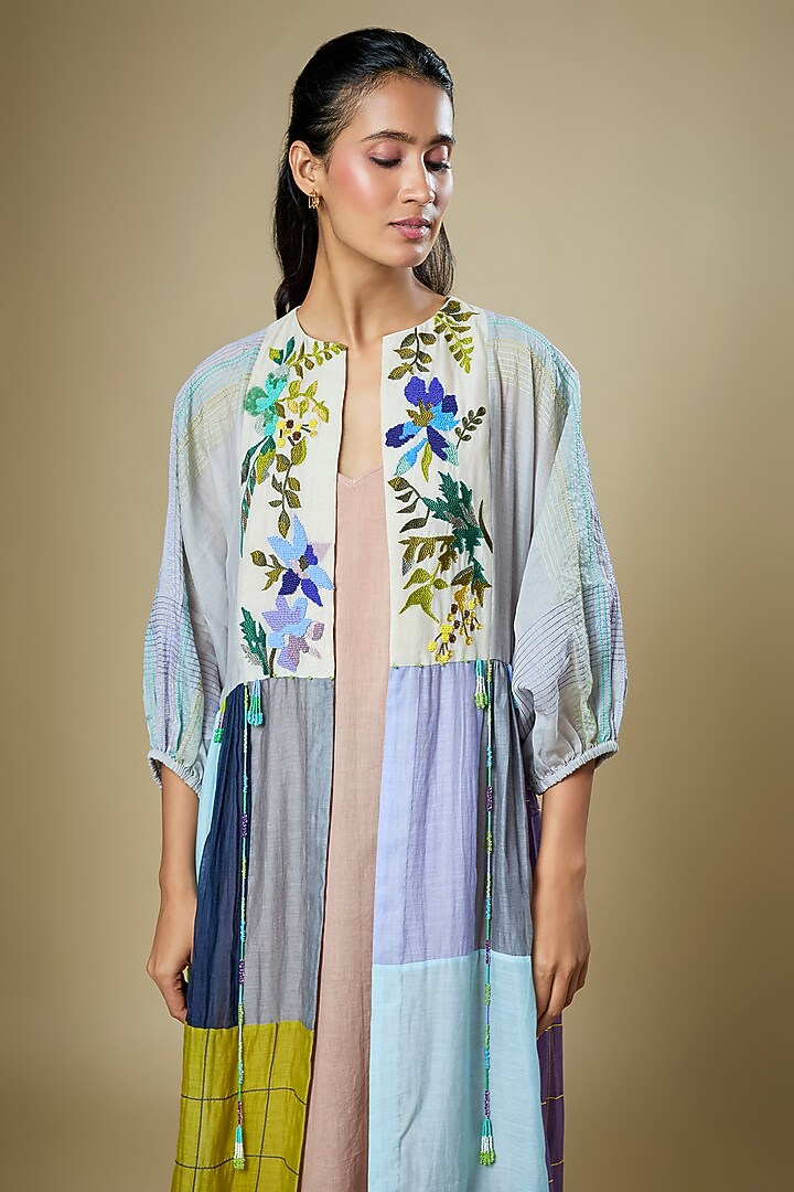 Multi-Colored Fine Chanderi Upcycle Jacket by Half Full Curve at Pernia's Pop Up Shop