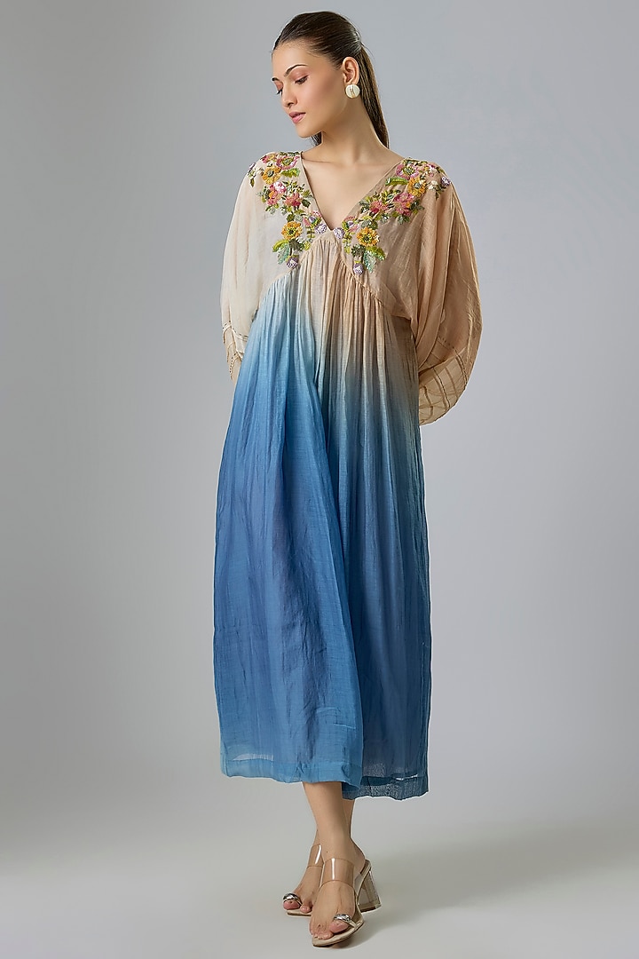 Blue Shaded Fine Chanderi Embroidered Vacation Dress by Half Full Curve at Pernia's Pop Up Shop
