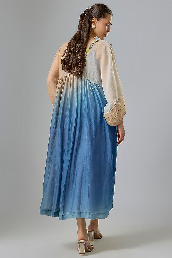 Blue Shaded Fine Chanderi Embroidered Vacation Dress by Half Full Curve at Pernia's Pop Up Shop