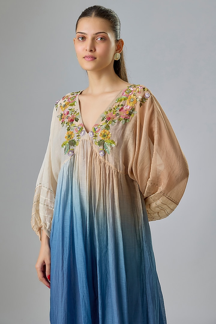 Blue Shaded Fine Chanderi Embroidered Vacation Dress by Half Full Curve at Pernia's Pop Up Shop
