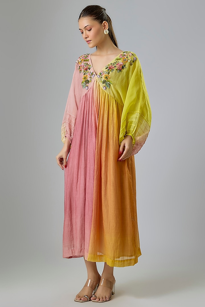 Pink & Yellow Shaded Fine Chanderi Embroidered Vacation Dress by Half Full Curve at Pernia's Pop Up Shop