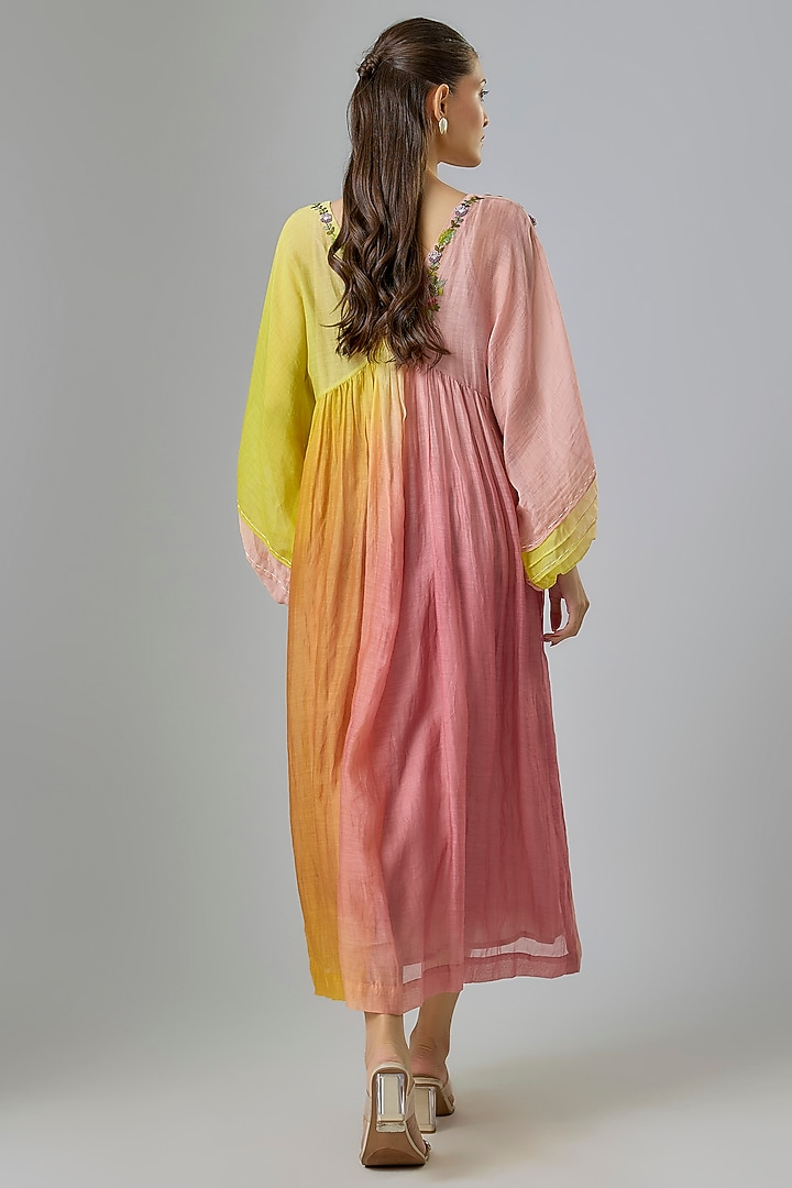Pink & Yellow Shaded Fine Chanderi Embroidered Vacation Dress by Half Full Curve at Pernia's Pop Up Shop
