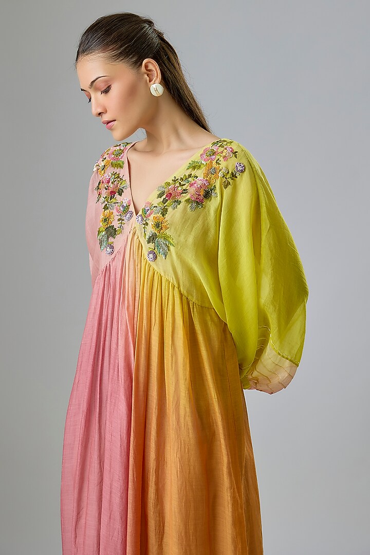Pink & Yellow Shaded Fine Chanderi Embroidered Vacation Dress by Half Full Curve at Pernia's Pop Up Shop