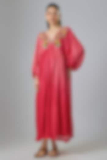 Red Shaded Fine Chanderi Embroidered Vacation Dress by Half Full Curve at Pernia's Pop Up Shop