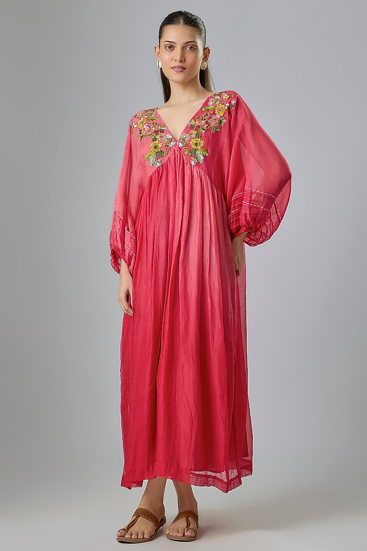 Red Shaded Fine Chanderi Embroidered Vacation Dress by Half Full Curve at Pernia's Pop Up Shop
