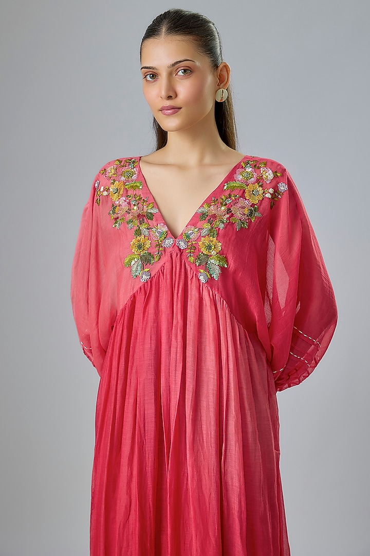 Red Shaded Fine Chanderi Embroidered Vacation Dress by Half Full Curve at Pernia's Pop Up Shop