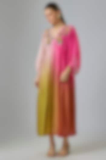 Fuschia & Green Shaded Fine Chanderi Embroidered Vacation Dress by Half Full Curve at Pernia's Pop Up Shop
