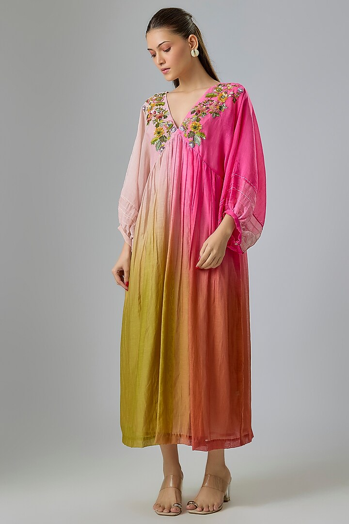 Fuschia & Green Shaded Fine Chanderi Embroidered Vacation Dress by Half Full Curve at Pernia's Pop Up Shop