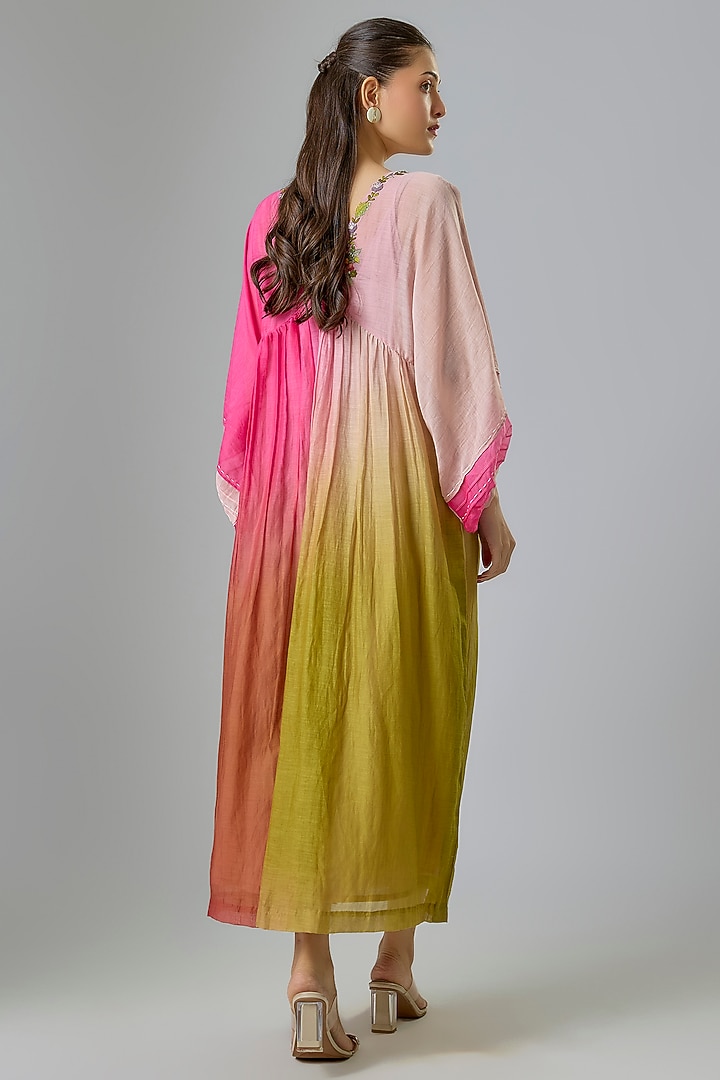 Fuschia & Green Shaded Fine Chanderi Embroidered Vacation Dress by Half Full Curve at Pernia's Pop Up Shop